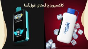 کلکسیون دو دستگاه ویپ یکبار مصرف در پاف لند: دستگاه کریس براون مدل بلوبری اسلورپی (سمت چپ) و دستگاه سفید نمو مجیک بار با یخ (سمت راست).